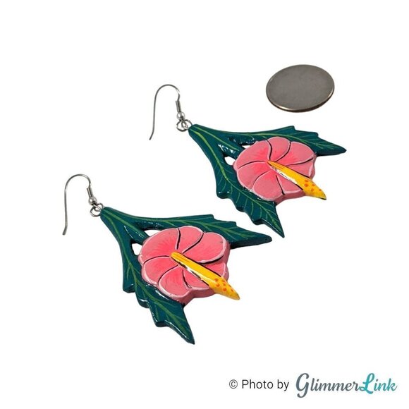VTG 80s 90s Huge Hibiscus Flower Leaves Hand Painted Carved Wooden Earrings - Picture 3 of 7